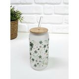 Bambu Kapaklı Yonca Yaprak Çiçek Desenli Pipetli Buzlu Cam Bardak - Renkli - 500 ml