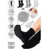 Bambu Kaydırmaz Taban Silikon Baskı Hac Umre Tavaf Hamile Pilates Yoga Lastiksiz Çorap 3'lü - 36 - 41 - Beyaz - Siyah - Gri Melanj