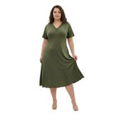 Bambu Kumaş Dantel Yaka Detaylı Battal Beden Kloş Elbise-Haki-5XL