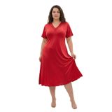 Bambu Kumaş Dantel Yaka Detaylı Battal Beden Kloş Elbise-Kırmızı-3XL