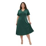 Bambu Kumaş Dantel Yaka Detaylı Battal Beden Kloş Elbise-Nefti Yeşil-3XL