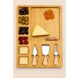 Bambu Peynir Sunum Ve Kahvaltı Tahtası 4 Lü Set 3 Bıçak + Bölmeli Servis Bambu