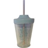 Bambu Pipetli Pudra Mavi Desenli Cam Bardak (450ML)