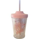 Bambu Pipetli Pudra Pembe Desenli Cam Bardak (450ML)
