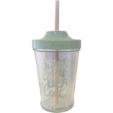 Bambu Pipetli Pudra Yeşil Desenli Cam Bardak (450ML)