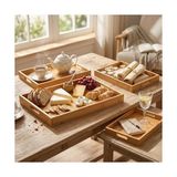 Bambu Servis Tepsisi Seti, Doğal Ahşap, 3'lü Set, Küçük-Orta-Büyük, Kahvaltı ve Sunum Için