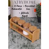 Bambu Silikonlu Kapaklı Borosilikat Cam Standlı Baharatlık - 250 Ml Baharat Takımı 13 Parça