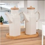 Bambu Standlı 2’li 1000 ml Prizma Porselen Ayçiçek Yağı Zeytin Yağı Takımı 3 Parça Yağdanlık Set
