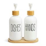 Bambu Standlı 2’Li Cam Sıvı Sabunluk Seti 550 Ml Hands & Dishes Yazılı Mutfak Ve Banyo İçin Doğal Bambu Organizer