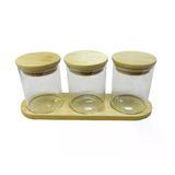 Bambu Standlı 3’Lü Mini Baharatlık Seti – Vakum Kapaklı | Kavanoz 7X6 Cm | Stand 22X7 Cm