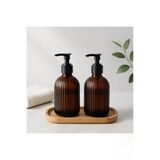 Bambu Standlı Amber Cam Sıvı Sabunluk 400 Ml | Siyah Pompalı Origami Çizgili Bulaşık & Sabun Şişesi