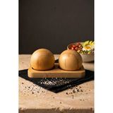 Bambu Stantlı 2'Li Küre Tuzluk Biberlik Seti 16X8.5 Cm - Doğal Yuvarlak Top Bambu Baharatlık Takımı