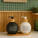 Bambu Stantlı Top Model Cam Sabunluk, Hands & Dishes 500 Ml Sıvı Sabunluk Seti