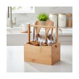 Bambu Taşıma Kulplu Çok Amaçlı Düzenleyici - 6 Bölmeli Çatal Bıçaklık | Ofis, Banyo ve Masaüstü Caddy Organizer (21.6X14X12.7 Cm) - Kestane Akaju - Option-1