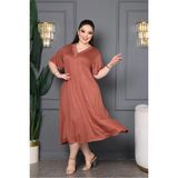 Bambu V Yaka Dantel Detaylı Eteği Kloş Elbise Büyük Beden - 3XL - Tarçın