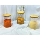 Bambu Yuvarlak Kapak Vakumlu Baharatlık Çok Amaçlı Kavanoz 3 Lü Set - Şeffaf - 1100 ml