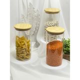 Bambu Yuvarlak Kapak Vakumlu Baharatlık Çok Amaçlı Kavanoz 3 Lü Set - Şeffaf - 1500 ml