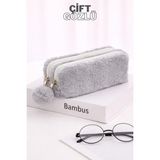 Bambus Home Peluş Çift Gözlü Bölmeli Okul Için Ponponlu Çok Amaçlı Organizer Kalemlik Kalem Kutusu - Gri - Çift Bölmeli