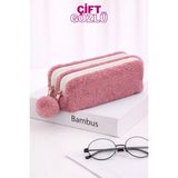 Bambus Home Peluş Çift Gözlü Bölmeli Okul Için Ponponlu Çok Amaçlı Organizer Kalemlik Kalem Kutusu - Gülkurusu - Çift Bölmeli