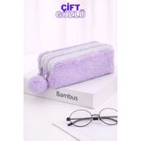 Bambus Home Peluş Çift Gözlü Bölmeli Okul Için Ponponlu Çok Amaçlı Organizer Kalemlik Kalem Kutusu - Mor - Çift Bölmeli