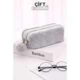 Bambus Home Peluş Çift Gözlü Bölmeli Okul İçin Ponponlu Çok Amaçlı Organizer Kalemlik Kalem Kutusu