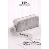 Bambus Home Peluş Tek Gözlü Bölmeli Okul Için Ponponlu Çok Amaçlı Organizer Kalemlik Kalem Kutusu - Gri - Tek Bölmeli