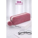 Bambus Home Peluş Tek Gözlü Bölmeli Okul Için Ponponlu Çok Amaçlı Organizer Kalemlik Kalem Kutusu - Gülkurusu - Tek Bölmeli