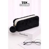 Bambus Home Peluş Tek Gözlü Bölmeli Okul Için Ponponlu Çok Amaçlı Organizer Kalemlik Kalem Kutusu - Siyah - Tek Bölmeli