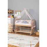 Bamgidoo Ahşap Beşik Anne Yanı Beşik Organik 60x120 - Pembe Beyaz Örgü Uyku Seti Seti + Yatak + Tekerlekli