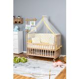 Bamgidoo Ahşap Beşik Anne Yanı Beşik Organik 70x130 - Sarı Yıldız 1 Yastıklı Uyku Seti + Yataklı + Tekerlekli