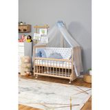 Bamgidoo Ahşap Beşik Anne Yanı Beşik Organik(Boyasız) 60x120-Mavi Yıldız 3 Yastık Uyku Seti+Yatak+Tekerlekli