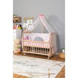Bamgidoo Ahşap Beşik Anne Yanı Beşik Organik(Boyasız) 60X120-PEMBE Yıldız 3 Yastık Uyku Seti+Yatak+Tekerlek - Viyana