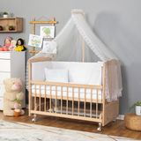 Bamgidoo Mobilya Bamgidoo Ahşap Anne Yanı Sallanan Beşik - Doğal Bebek Beşiği 60X120-BEYAZ Güpür Uyku Seti Yatak Tekerlekli - Krem - Ekru