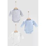 Bamoola %100 Organik Pamuklu Düz Erkek 3'Lü Atlet Body Zıbın - Uzun Kollu - Çıtçıtlı (Mavi - Gri- Beyaz) Erkek 36 Ay
