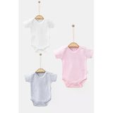 Bamoola %100 Organik Pamuklu Düz Kız 3'Lü Atlet Body Zıbın - Kısa Kollu - Çıtçıtlı (Beyaz - Pembe - Gri) Kız 36 Ay