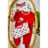 Bamoola %100 Pamuklu Kırmızı Mantar Desenli 3'Lü Patikli Tulum (Kız - Erkek - Yenidoğan) Mantar 6-9 Ay