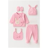 Bamoola for Babies Organik Kız Bebek Tavşan Desenli 5'li Tulum Hastane Çıkışı Yenidoğan Kıyafet Mama Önlüğü