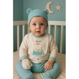Bamoola Organik Erkek Bebek Ayıcık Desenli 5'Li Tulum Hastane Çıkışı Yenidoğan Kıyafet Mama Önlüğü Bej Ayıcık