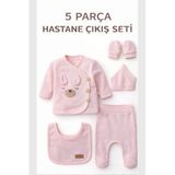 Bamoola Organik Kız Bebek Kulaklı Tavşan Desenli 5'li Tulum Hastane Çıkışı Yenidoğan Kıyafet Mama Önlüğü - Somon
