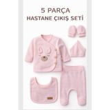 Bamoola Organik Kız Bebek Kulaklı Tavşan Desenli 5'li Tulum Hastane Çıkışı Yenidoğan Kıyafet Mama Önlüğü