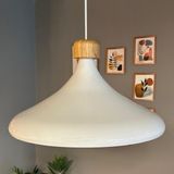 Bamyum 45 cm Çap Xl Beyaz Geniş Ahşap Başlık Avize Tekli Sarkıt Lamba Restoran Salon Mutfak Avize