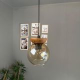 Bamyum Oria Bal Rengi Cam Tekli Avize Ahşap Tabak Başlık Retro Sarkıt Lamba Salon Aydınlatma - Bal Cam