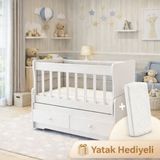 Banana Baby Hoop Yatak Hediyeli Anneyanı Sallanır Sabitlenir Çift Çekmeceli Mdf Çıtalı U Profilli 60*120 Beşik - Beyaz