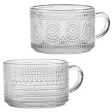 Bandesun Vintage Cam Kahve Kupaları Çay Fincanları, 400 ml 2'li Set - İstiflenebilir Kabartma Cam Eşya, Kapuçino, Latte, Tahıl, Yoğurt, İçecek Sıcak/Soğuk, Süt için