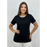 Banega Curve Kadın Büyük Beden %100 Pamuklu Bisiklet Yaka Biye Detaylı Basic Düz Kısa Kol Siyah Bluz - 42 - 44