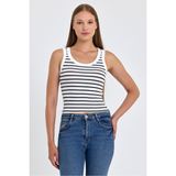 Banega Kadın Bisiklet Yaka Beyaz Çizgili Fitilli Basic Kalın Askılı Siyah Crop Atlet
