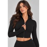 BANEGA Kadın Fermuarlı Dik Yaka Parmak Geçmeli Uzun Kollu Slim Fit Spor Siyah Bluz Crop