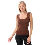 BANEGA Kadın Kare Yaka Kalın Askılı Basic Fit Bluz Crop Top (Kahve Rengi, Standart Beden)