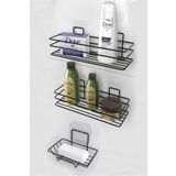 BANİO HOME Siyah Yapışkanlı 3'lü Set Banyo Rafı Banyo Sabunluk Şampuanlık Duşa kabin Duş Askısı