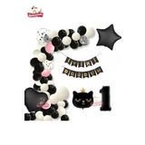 Bannerli 1 Yaş Siyah Kedi Folyolu Kalp Yıldız Siyah Beyaz Konsept Doğum Günü Seti